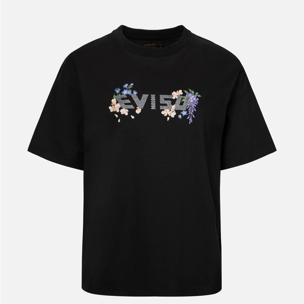 Evisu White T-Shirt with Floral Graphic rhinestones.